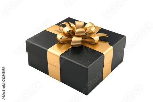 Elegant Black and Golden Gift Box with Golden Ribbon isolated on transparent background