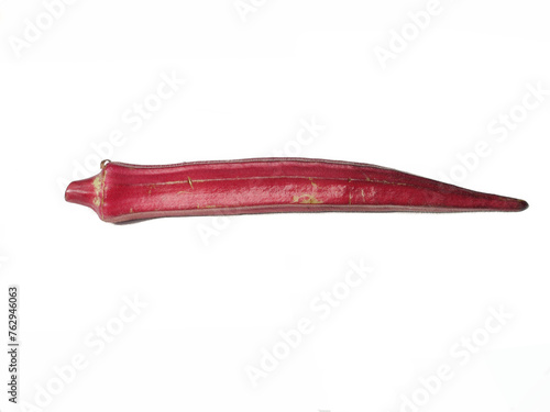 Red color dwarf long pod Okra isolated on white background, Healthy and delicious raw tropical fruit and vegetable