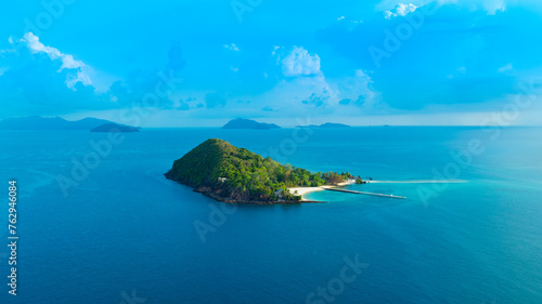 Aerial view of Koh Kham, Trat Province, Gulf of Thailand sea, natural blue water. Tropical seas of Thailand The beautiful scenery of the island is very impressive.