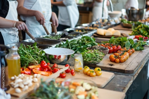 Vibrant Array of Fresh and Nutritious Ingredients on a Rustic Wooden Table. Colorful Organic Vegetables, Ripe Fruits, and Aromatic Herbs Perfect for Healthy Eating and Balanced Diet.