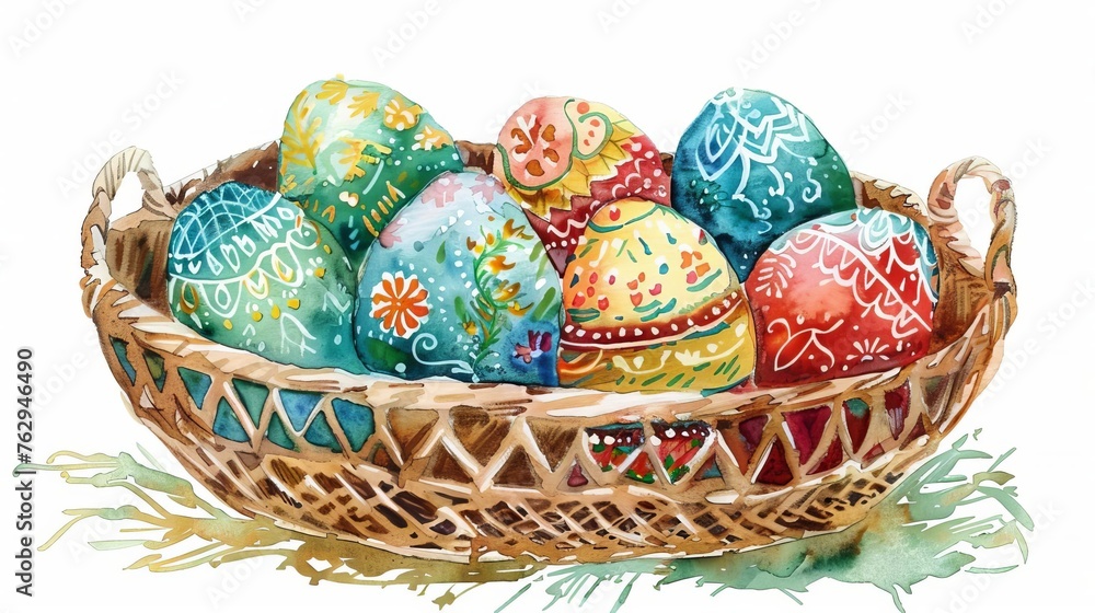 Easter eggs in a basket with intricate designs, watercolor holiday illustration Easter eggs in a basket with intricate designs, watercolor holiday illustration