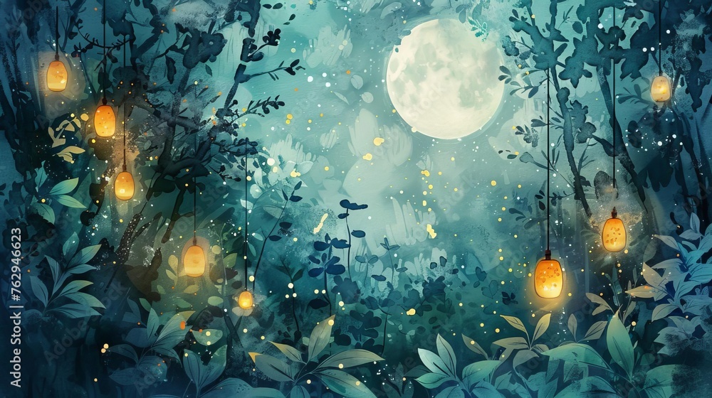 Enchanting moonlit garden with glowing lanterns and graceful fireflies, magical watercolor illustration