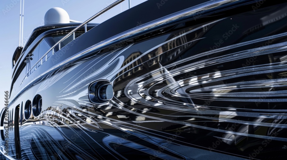 The intricate patterns on the polished black hull of a luxury yacht catch the eye reminiscent of modern art and luxury design.