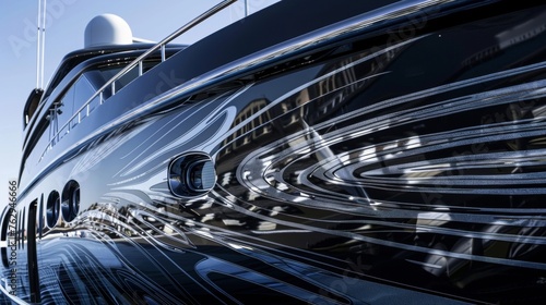 The intricate patterns on the polished black hull of a luxury yacht catch the eye reminiscent of modern art and luxury design. © Justlight