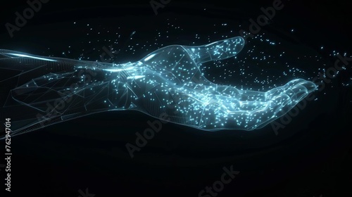 Glowing digital hand hologram with neural network, AI communication concept