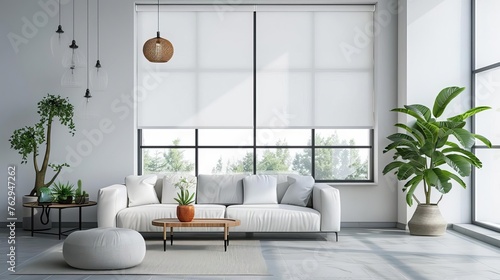 Interior living room with white roller blinds, potted houseplant and sofa, realistic 3D rendering