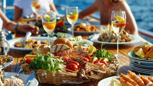 A family enjoying a picnicstyle meal on the deck of a yacht with a variety of dishes displayed on a large woven platter. Grilled seafood colorful salads and fruit skewers