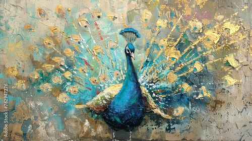 Impressionist oil painting of a peacock with nostalgic golden brushstrokes and textured background photo