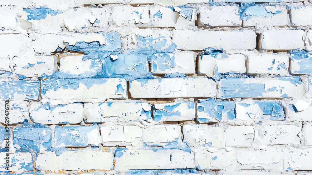 Fototapeta premium blue white colored painted damaged rustic brick wall
