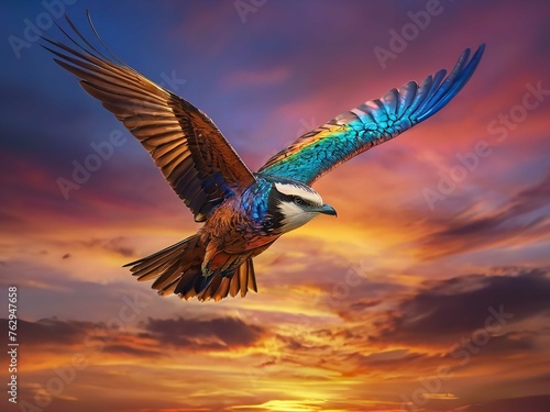 A majestic bird soaring through a vibrant sunset sky, its feathers shimmering with iridescent hues