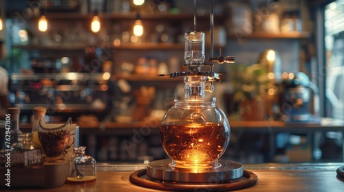Artisan coffee brewing using a siphon in a cozy café setting