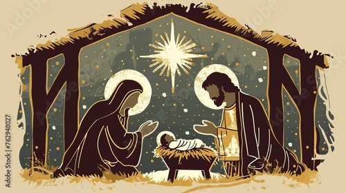 Nativity Scene with Baby Jesus, Mary, and Joseph, Traditional Christmas Illustration, Religious Holiday Art
