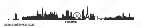 France country skyline with cities panorama. Vector flat banner, logo. Paris, Lyon, Marseille, Toulouse, Strasbourg silhouette for footer, steamer, header. Isolated graphic