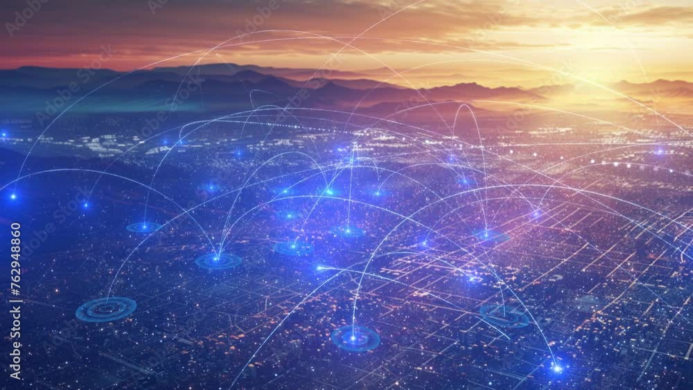 Digital technology city and 5G network signal transmission.