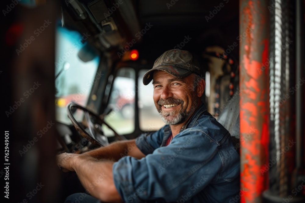 A smiling male tractor driver.