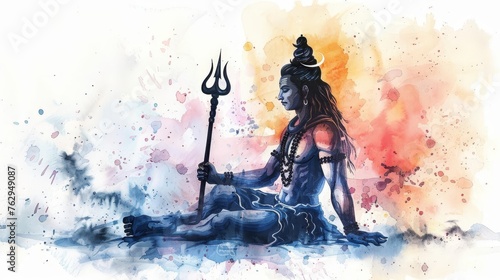 Watercolor illustration of Lord Shiva in meditation with trident, peaceful and serene