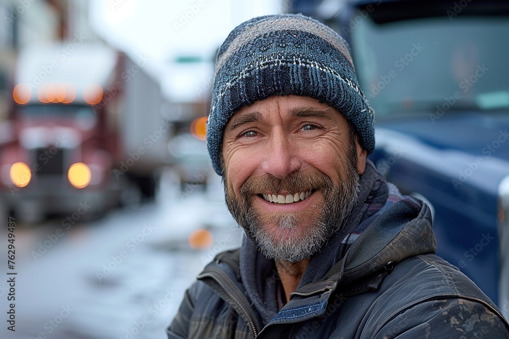 A smiling male truck driver standing in front of his truck. A smiling male truck driver standing in front of his truck.