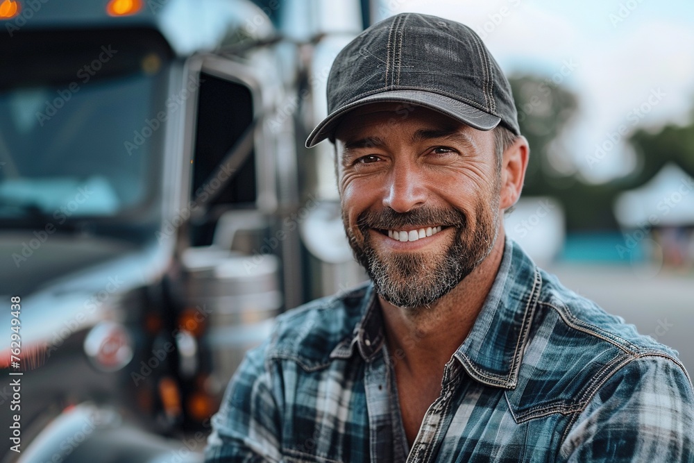 A smiling male truck driver standing in front of his truck. A smiling male truck driver standing in front of his truck.