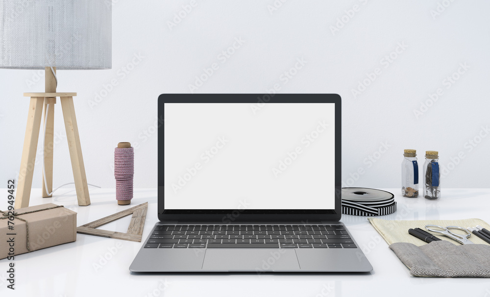 Empty white screen laptop, copy space on the device, working desk decoration with a pot of small plant, mockup office table and white background, work from home concept, 3d rendering Empty white screen laptop, copy space on the device, working desk decoration with a pot of small plant, mockup office table and white background, work from home concept, 3d rendering