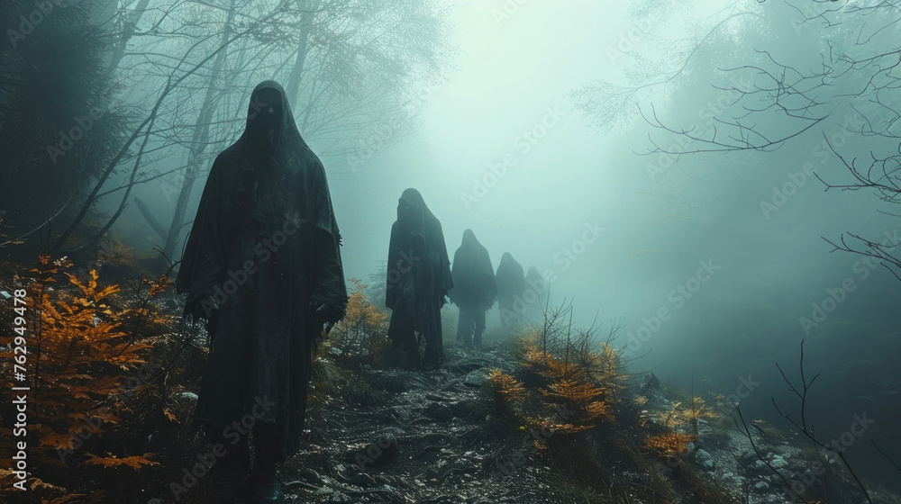 Obraz premium A creepy and sinister cult gathers, adding an eerie atmosphere to the mysterious surroundings, In a haunted, foggy forest.