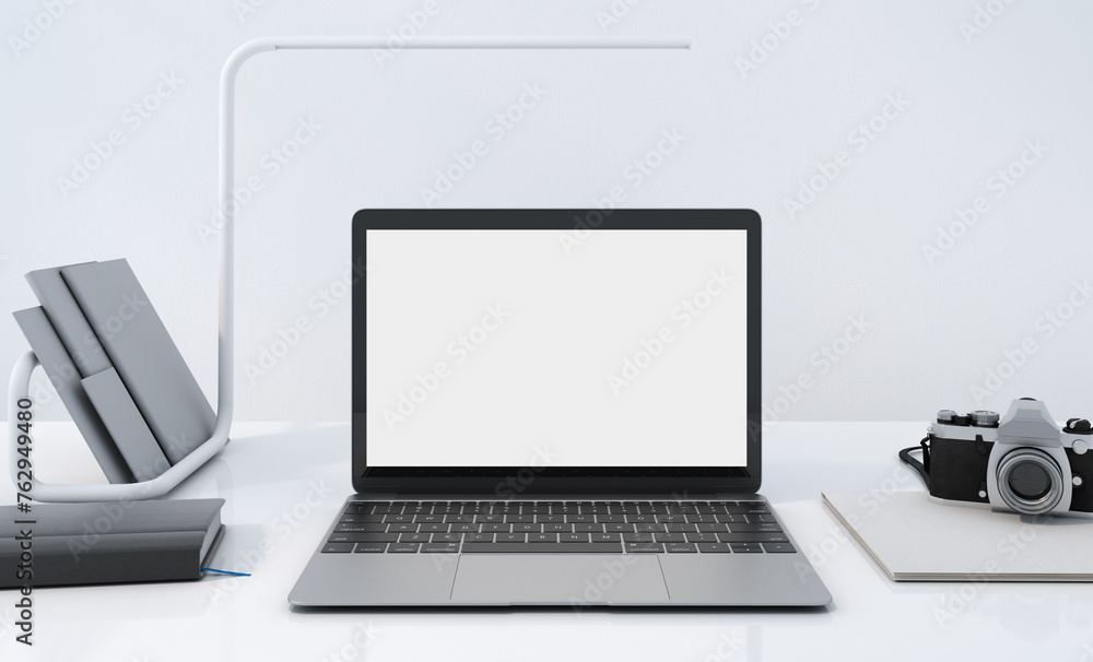 Empty white screen laptop, copy space on the device, working desk decoration with a pot of small plant, mockup office table and white background, work from home concept, 3d rendering Empty white screen laptop, copy space on the device, working desk decoration with a pot of small plant, mockup office table and white background, work from home concept, 3d rendering