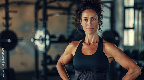 Attractive mature hispanic woman posing at a gym looking at the camera