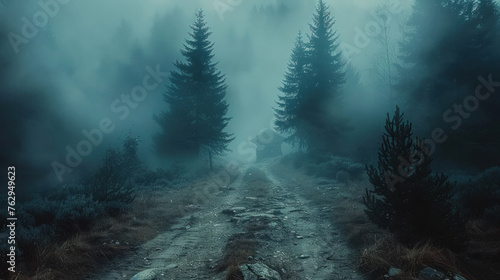 A hauntingly melancholic scene unfolds as a foggy, dark forest path leads into the depths of horror and mystery. photo