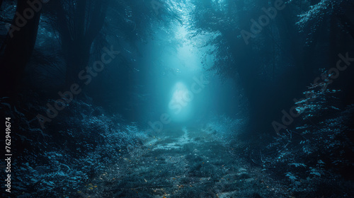 A hauntingly melancholic scene unfolds as a foggy  dark forest path leads into the depths of horror and mystery.