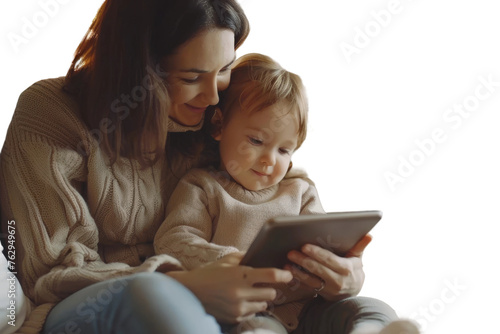 Cute Toddler with Mother Using Mobile Video Call isolated on transparent background