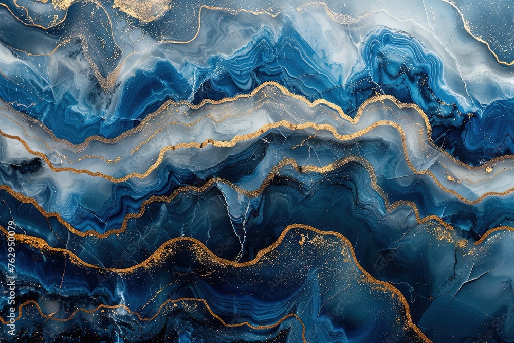 Fototapeta premium Navy, white and gold marble swirls. 