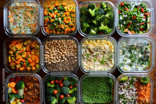 A variety of healthy food in glass containers for meal prep, showcasing a selection of nutritious ingredients for a balanced diet. Concept of healthy eating, dieting, nutrition, and wellness.