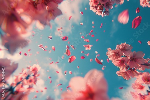 Blue sky and falling cherry blossom petals. © Bargais