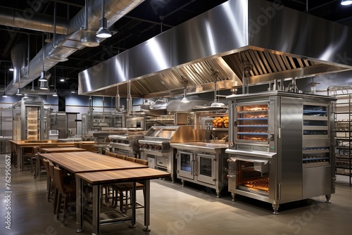 Professional stainless steel bakery kitchen.