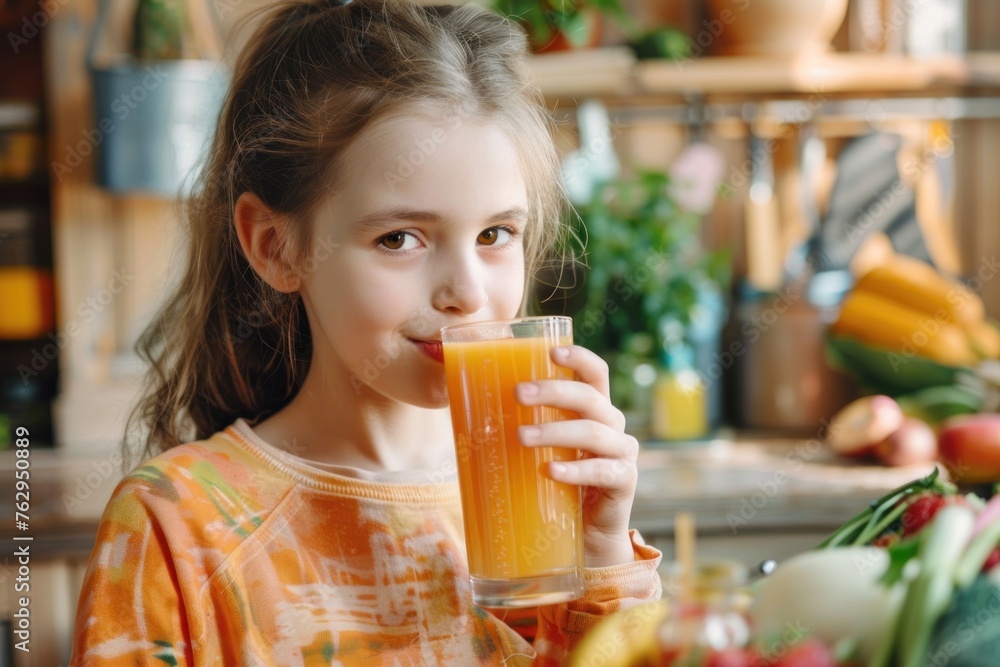 Adorable Little Girl Enjoying Fresh Carrot Juice in Bright Kitchen Environment at Home. Healthy Lifestyle Concept for Kids. High-Quality Stock Photo for Marketing and Advertising Purposes Adorable Little Girl Enjoying Fresh Carrot Juice in Bright Kitchen Environment at Home. Healthy Lifestyle Concept for Kids. High-Quality Stock Photo for Marketing and Advertising Purposes
