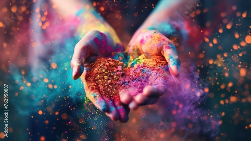 Close-up of hands and explosions of multicolored paint. Vivid, bright pigments Colorful dust and powder with loud noises The sound flickers and shimmers. Hand drawn background for design. photo