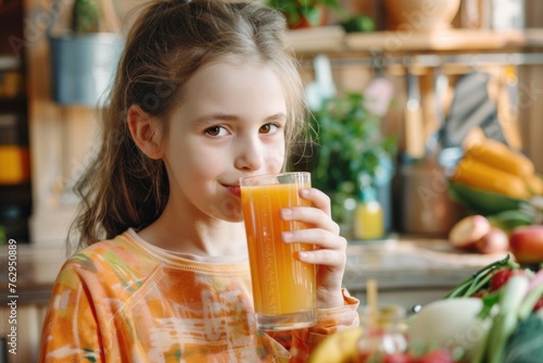 Adorable Little Girl Enjoying Fresh Carrot Juice in Bright Kitchen Environment at Home. Healthy Lifestyle Concept for Kids. High-Quality Stock Photo for Marketing and Advertising Purposes