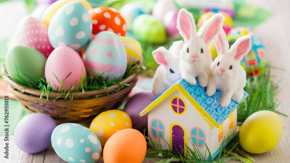 Fototapeta premium Easter eggs and Easter bunnies on the table