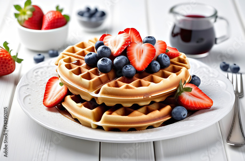breakfast waffles with strawberries and blueberries with syrup