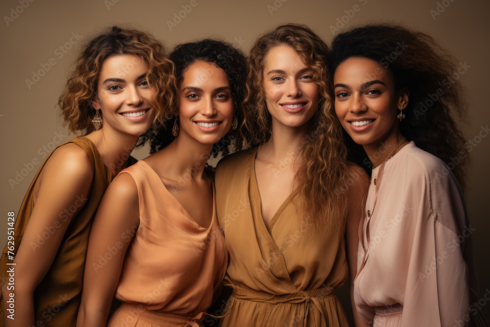 Obraz premium Four women are smiling for the camera, wearing matching outfits