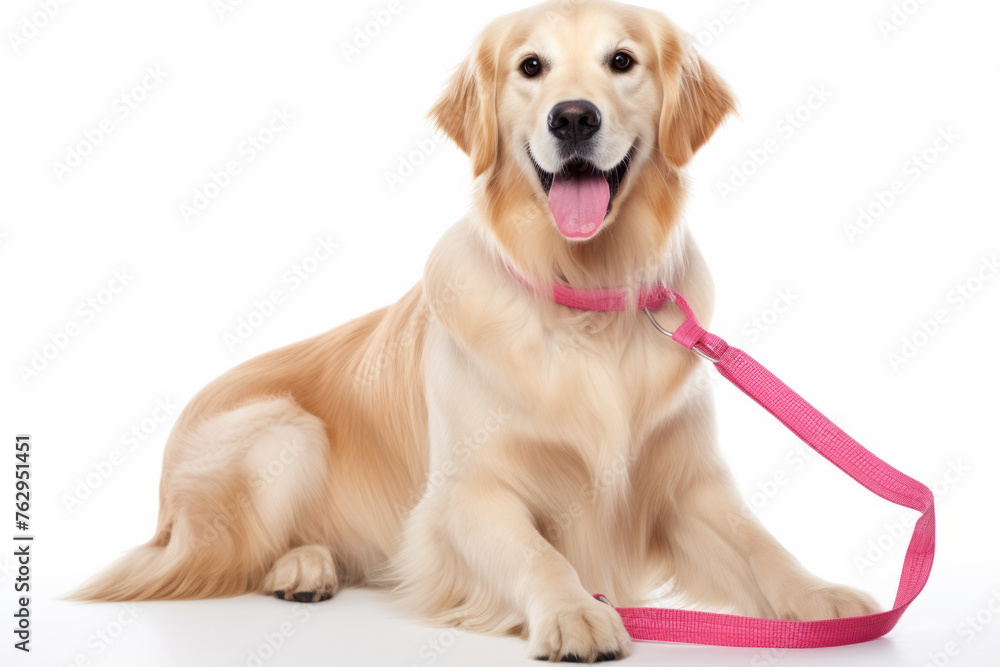A golden retriever is laying on the ground with a pink leash