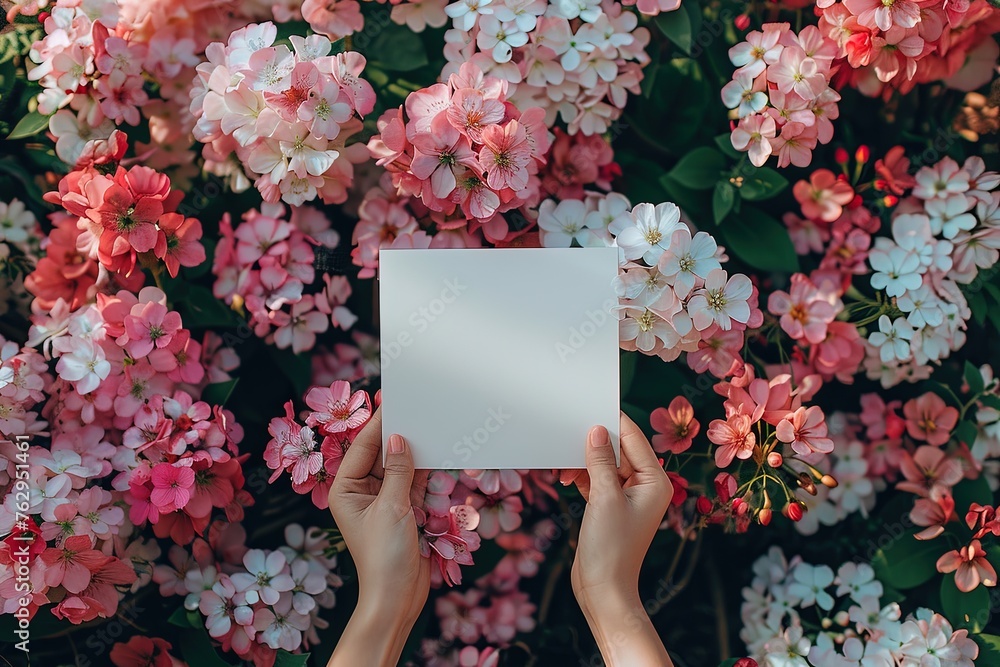 Hands holding blank paper card on colorful flowers background. Hands holding blank paper card on colorful flowers background.