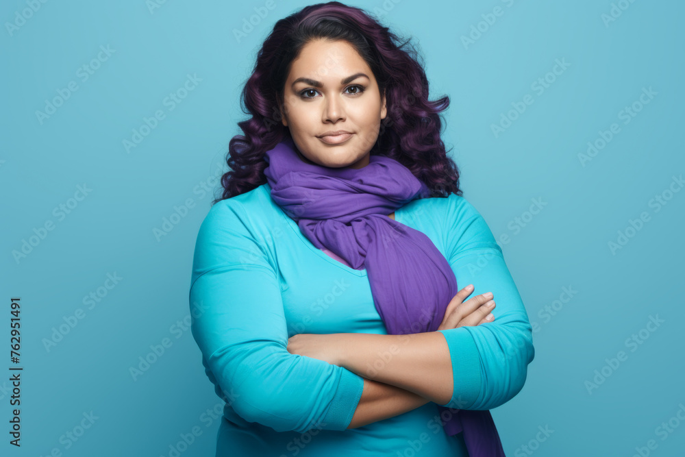 A woman with purple hair and a purple scarf is standing in front of a blue wall A woman with purple hair and a purple scarf is standing in front of a blue wall