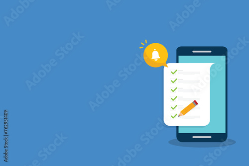 Checklist. Check list document on smartphone, smartphone with paper check list and to do list with checkboxes, concept of survey, online quiz, completed things or done test, feedback. photo