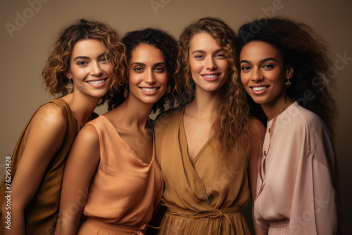 Four women are smiling for the camera, wearing matching outfits