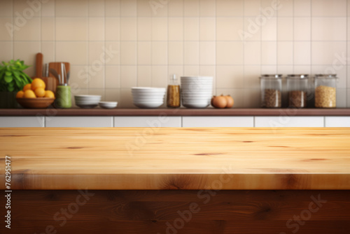 A kitchen counter with a wooden top and a bunch of bowls, plates, and utensils