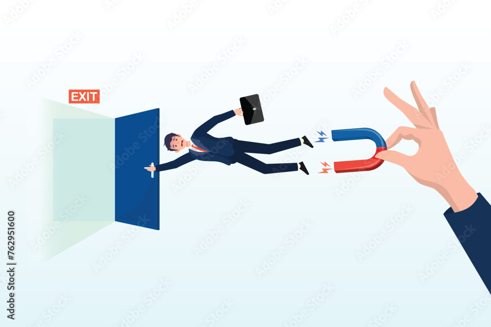 Boss holding magnet to pull back resigned or leaving employee, incentive and welfare program for employee retention, building staffs loyalty reduce resignation rate for important talent (Vector) Boss holding magnet to pull back resigned or leaving employee, incentive and welfare program for employee retention, building staffs loyalty reduce resignation rate for important talent (Vector)