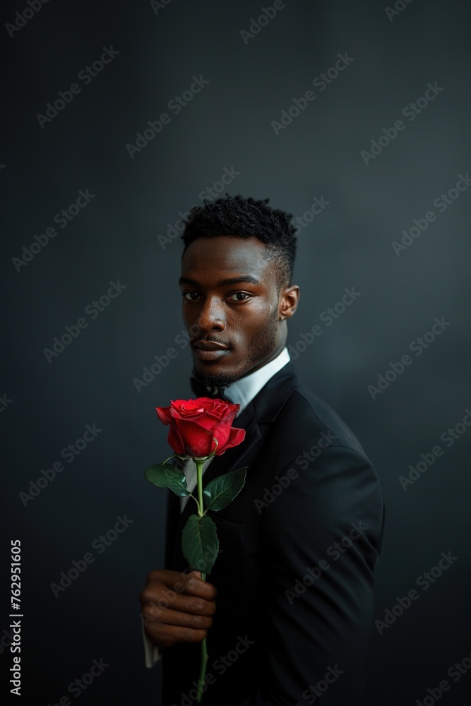 Young black man in suit holding red rose. Young black man in suit holding red rose.