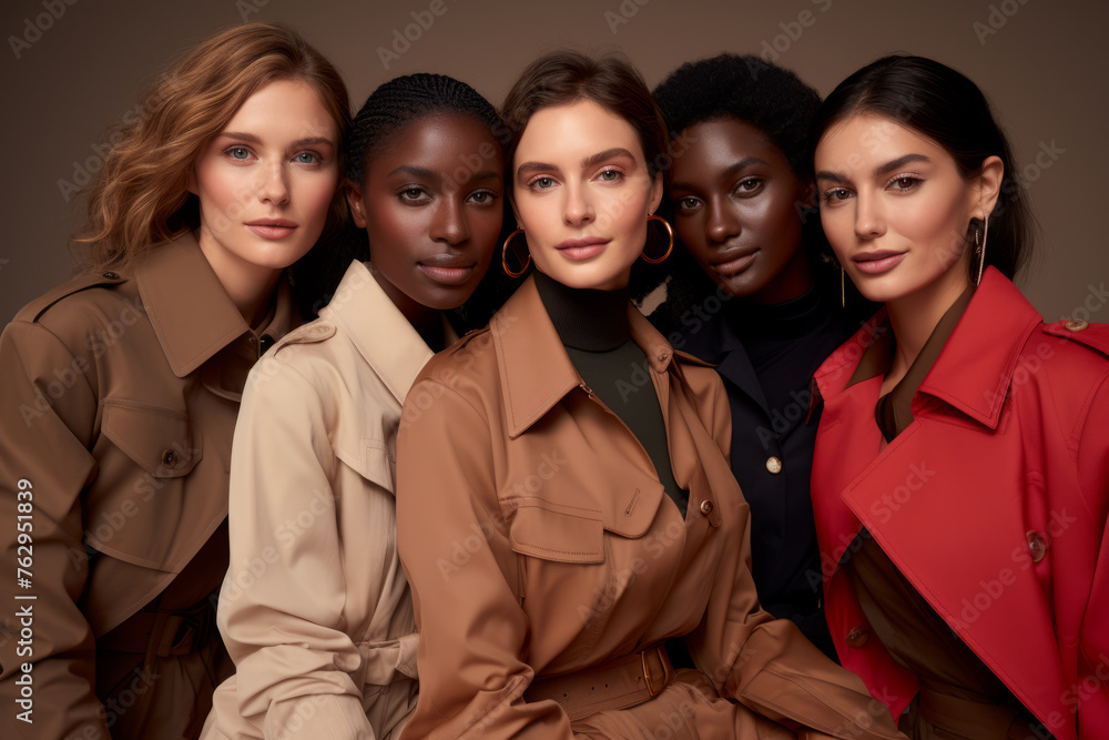 A group of women are posing for a photo wearing different colored coats A group of women are posing for a photo wearing different colored coats