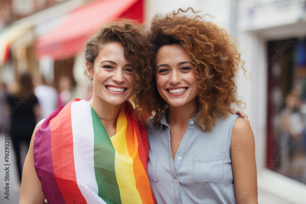 Two women are smiling and holding a rainbow flag Two women are smiling and holding a rainbow flag