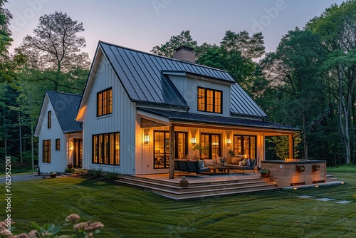 Modern farmhouse with gabled roof constructed by board and batten. photo